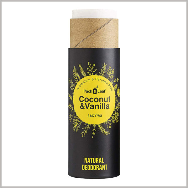 Small cardboard tube for 75g coconut vanilla deodorant box. Paper tube with black background and yellow as pattern color for packaging design.