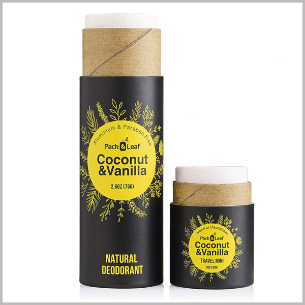 Small round packaging for coconut vanilla deodorant box. Printed tube packaging for products.