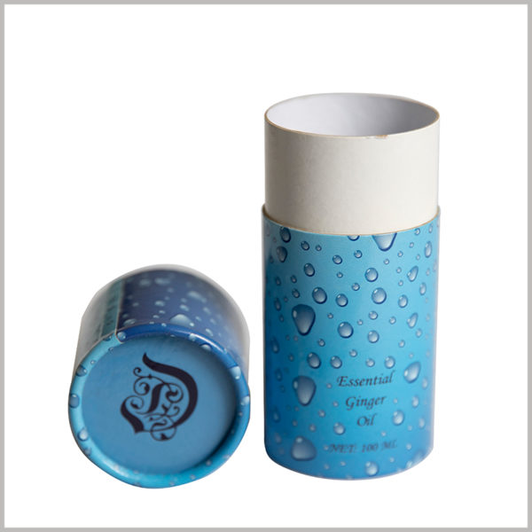 creative printed cardboard tube for 100ml ginger essential oil packaging. The blue paper tube has a brand logo printed on the top cap, which gives the product brand value and increases the credibility of the product.